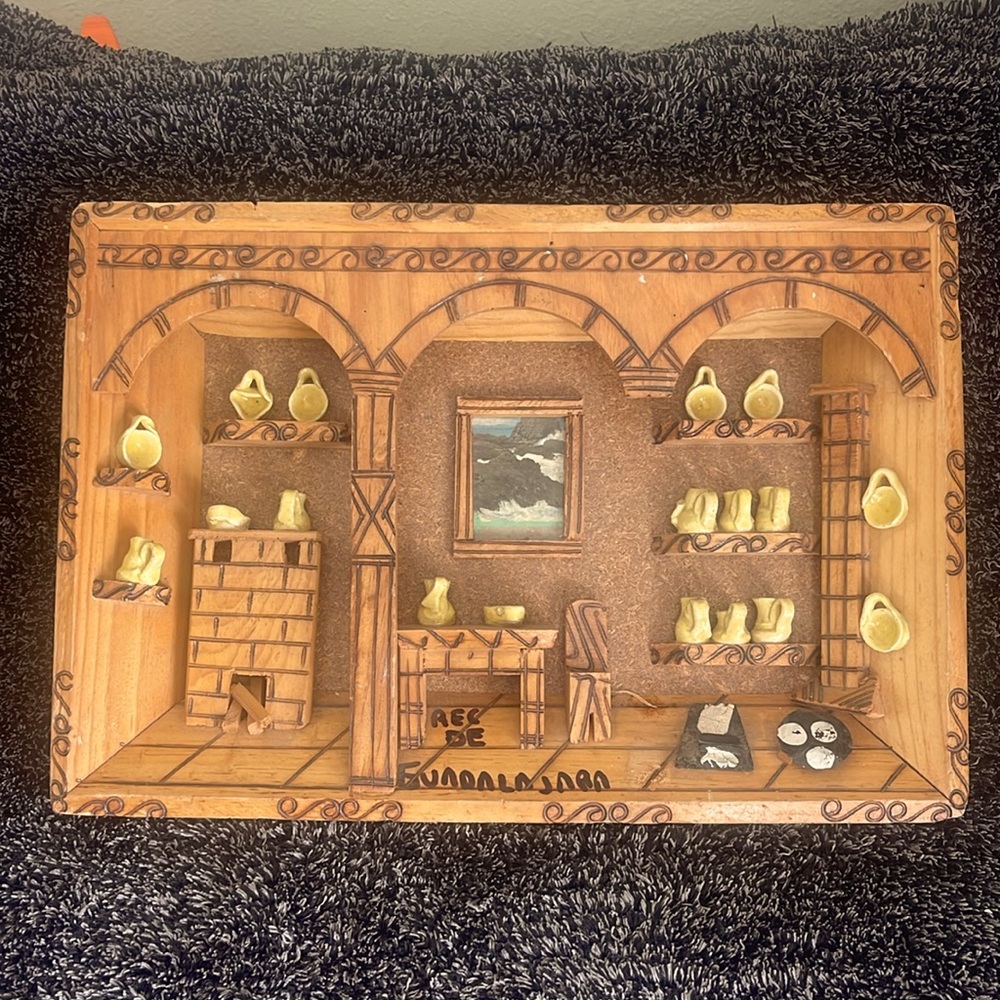 Folk Art 3D Diorama  Shadow Box Pueblo Mexican Kitchen